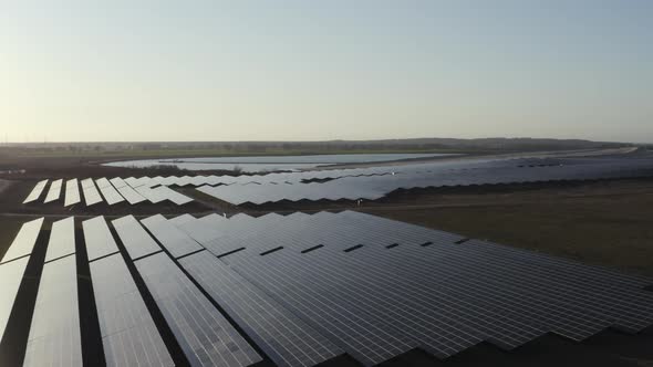 Aerial view of solar park at sunset in Germany