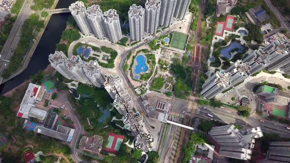 Drone fly over the Hong Kong urban city