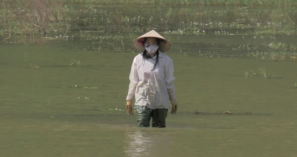 Vietnamese Woman Finishing Work of Cleaning Water From Weed