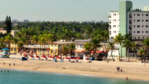 Aerial video of tourists in Hollywood Beach FL just north of Miami