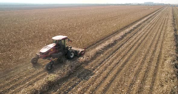 Aerial view of a tractor in a cotton field, Kibbutz, Israel.