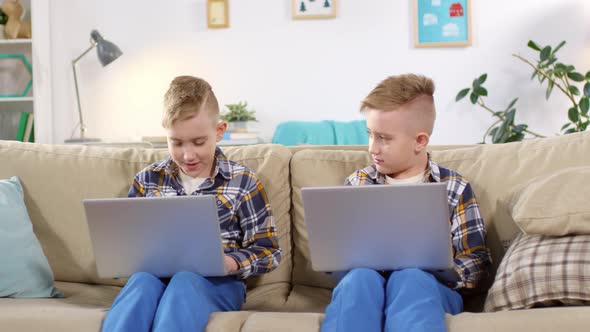 Caucasian Twin Boys Working on Laptops Together