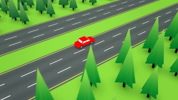 High angle view following a lone red car as it travels down an empty highway.