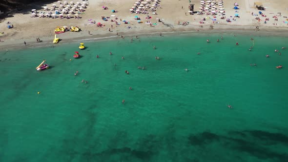 Aerial footage of the Spanish island of Ibiza showing the beautiful beach front and hotels