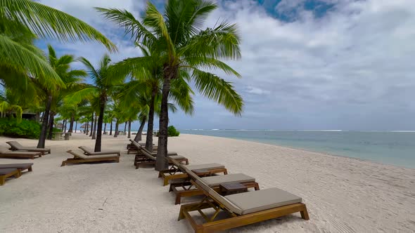Gorgeous Shot of a Tropical Beach with White Sand Palm Trees and Turquoise Water on Mauritius Indian