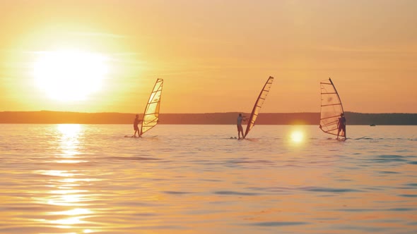 Sunset Lake with a Group of Man on Windsurf Boards