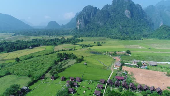 Natural landscapes around the city of Vang Vieng in Laos seen from the sky