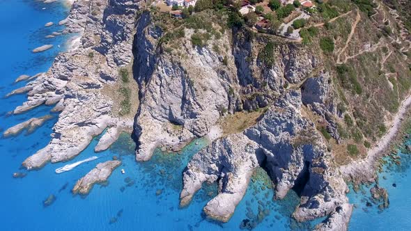 Downward Aerial View of Beautiful Southern Italian Coastline, Capo Vaticano, Calabria, Overhead