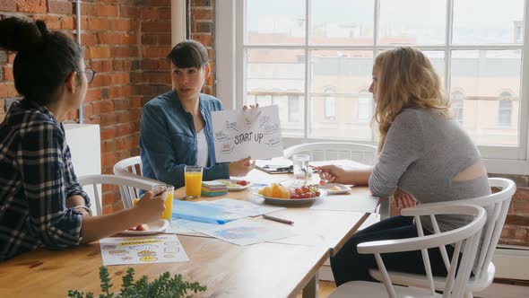 Businesswomen discussing on documents while having breakfast 4k