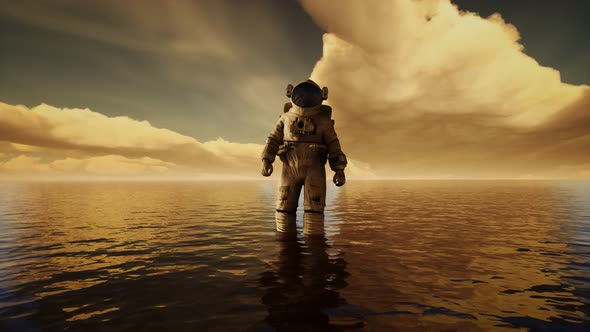 Spaceman in the Sea Under Clouds at Sunset alt