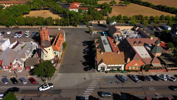 Flying left down the main street in the Denmark inspired town of Solvang Ca