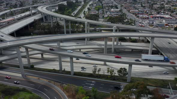 AERIAL: Flight Lowering Over Judge Pregerson Huge Highway Connection Showing Multiple Roads, Bridges