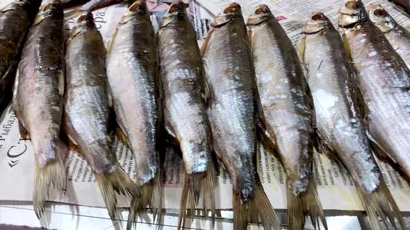 Salted Dried Fish on the Counter in the Rural Market