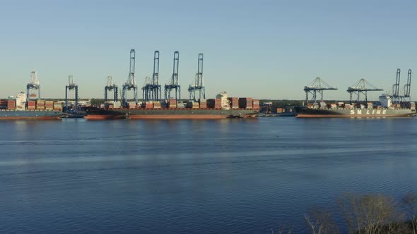 Barges along the Wando River in Charleston, SC