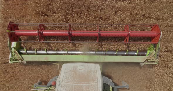 Wheat grain harvester processing a field, Aerial view.