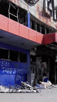 Vertical Video of a Burnt Shopping Center During the War in Bucha Ukraine