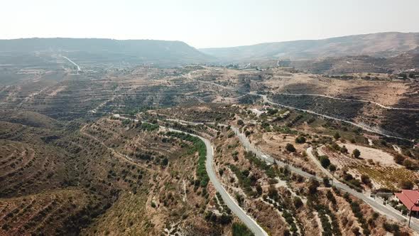 Aerial view of landscape in Cyprus. mountains, terraces and olive trees