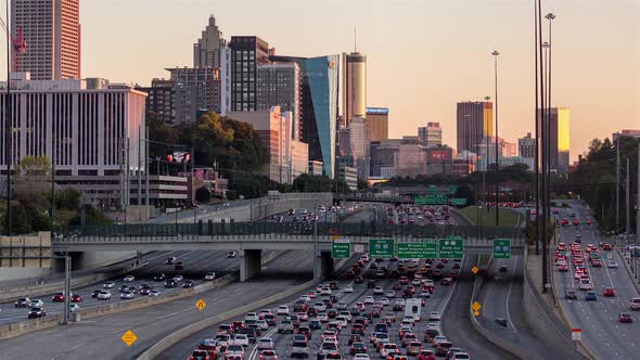 Downtown Atlanta, Georgia Skyline and Freeway Traffic Golden Hour