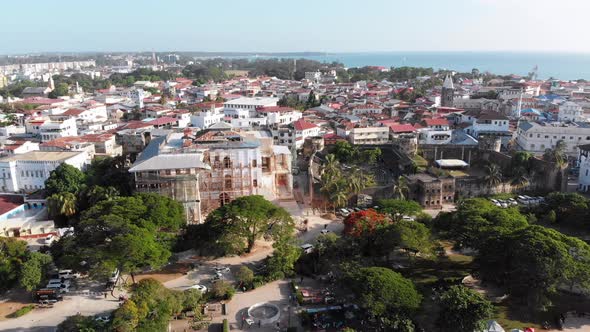 Aerial View of Stone Town Zanzibar City Slum Roofs and Poor Streets Africa