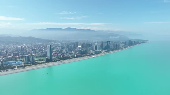 Batumi, Georgia - May 15 2022: Drone flies along new Batumi boulevard.