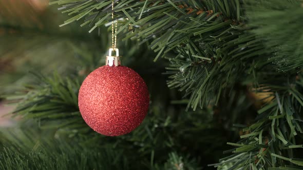 Sparkling ornament on Christmas tree 4K 2160p 30fps UltraHD footage - Red  colour bauble on the bran