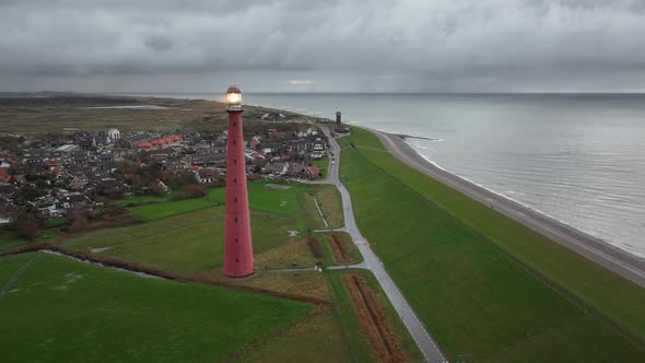 Lighthouse Tower Lange Jaap in Den Helder Drone Aerial Footage 5K Along the Sea Near the Island of