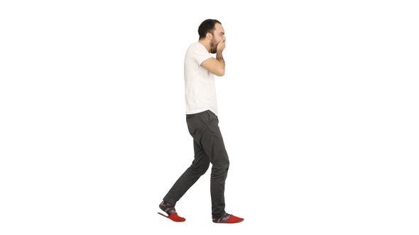 Sleepy Man Yawning and Walking on White Background