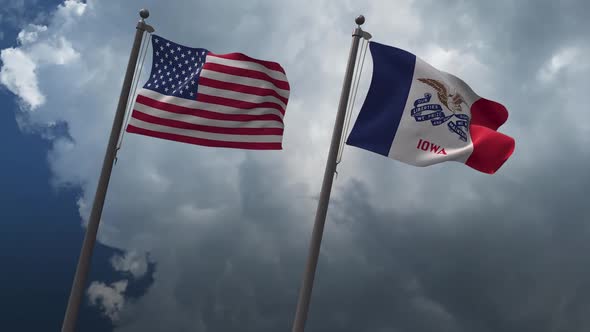 Waving Flags Of The United States And The Iowa State Flag 2K