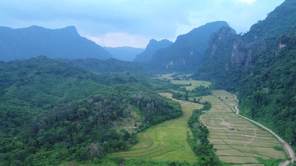 Landscape around the city of Vang Vieng in Laos seen from the sky