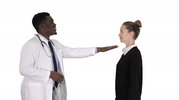 Doctor Telling Good News and Patient Leaves on White Background
