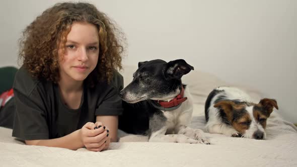 Portrait of a Beautiful Teenage Girl with Her Pets  Two Dogs