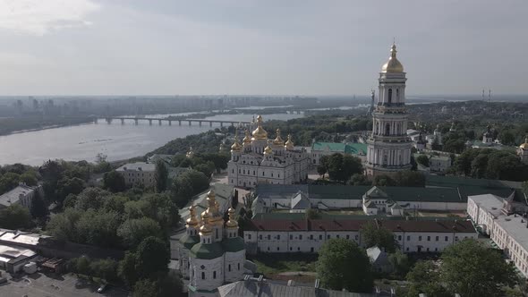 Kyiv Pechersk Lavra. Slow Motion. Aerial View, Flat, Gray