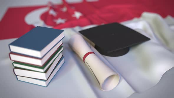 Graduation Cap and Diploma on the Flag of Singapore