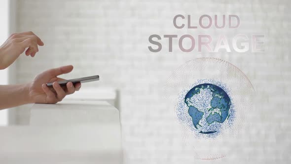 Hands Launch the Earth's Hologram and Cloud Storage Text