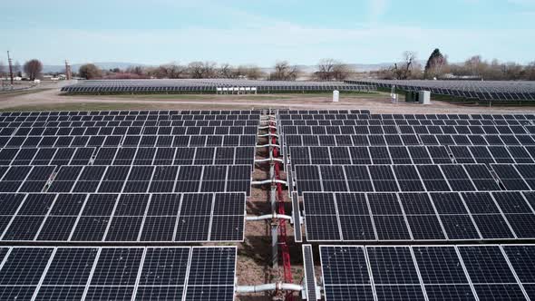 A medium sized rural solar electric green energy farm, producing carbon neutral electricity, aerial