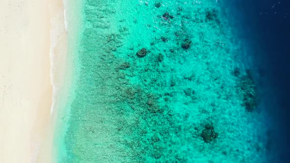 Aerial drone tourism of idyllic bay beach lifestyle by blue water with white sand background of a da