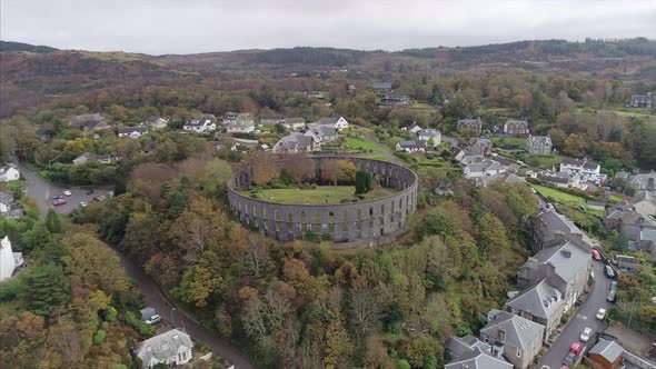 Aerial Pan of McCaigs Tower in Oban Scotland