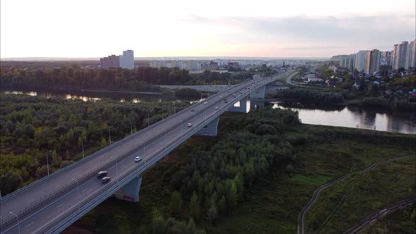 Views City's Outskirts Bridge Over River Green Forest Sunset Bird'seye View