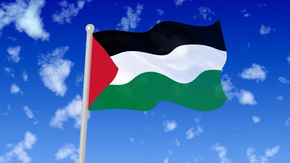 Palestine National Flag Flying Wave In The Sky With Clouds