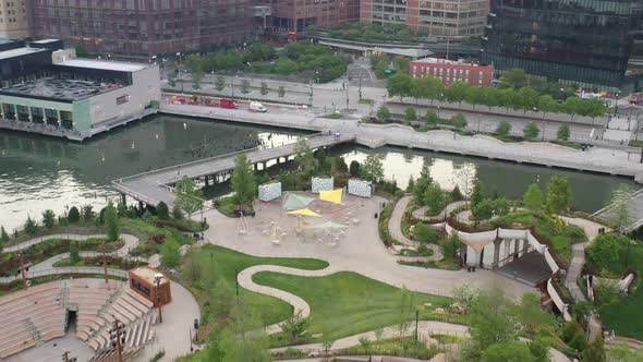 An aerial view over Manhattan's Little Island, a public green space taken early in the morning. The