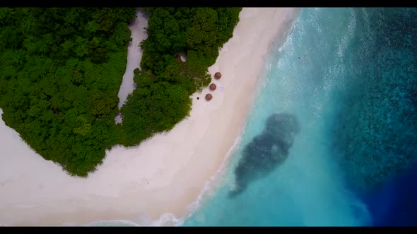 Aerial scenery of exotic seashore beach break by clear ocean and white sandy background of a picnic 