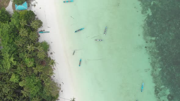 Aerial: top down over coral reef uncontaminated coastline tropical caribbean sea