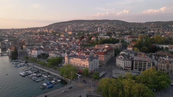 4K Drone footage of Zurich City, Swiss with beautiful Skyline Sunset 2