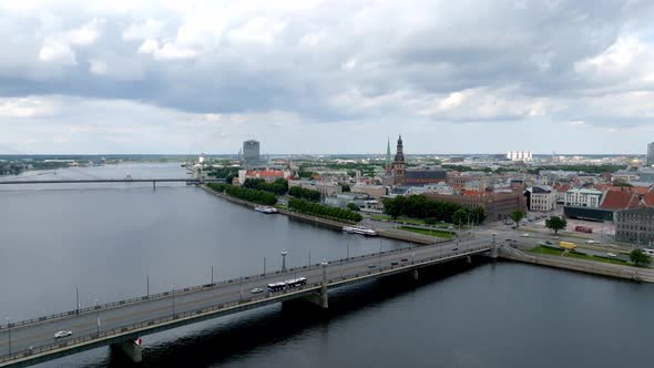 Establishing Aerial Bird Eye View Shot of Riga Riga Skyline Latvia