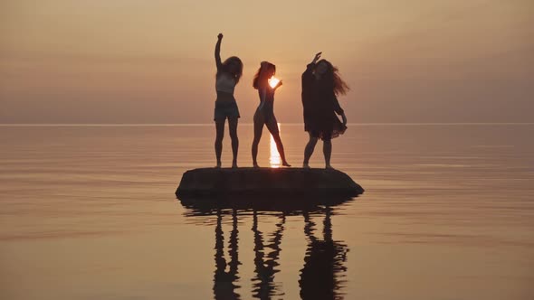 A Silhouette of Dancing Girls Move and Get Pleasure at the Background of Sun Down. Copy Space for