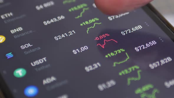 Graph Dynamics Price of Cryptocurrencies in App on Screen Smartphone