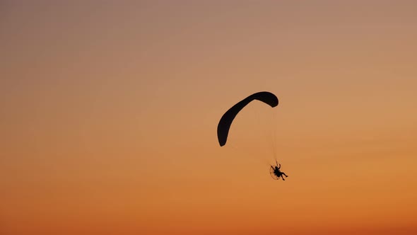 Dark Silhouette of Moto Paraglider Flies, Soars in the Air, Against the Background of a Bright