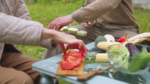 At a Picnic in the Park, a Man Puts Zucchini on the Grill, a Woman Puts a Tomato on a Plate in Slow