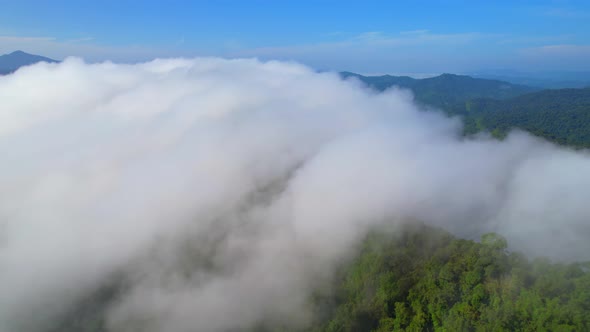 An aerial view from a drone flying over the many fogs in the mountains