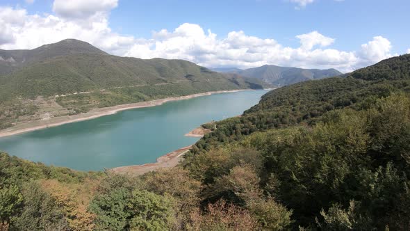 Aerial view of Zhinvali Reservoir. Ananuri Lake with blue water in Georgia.